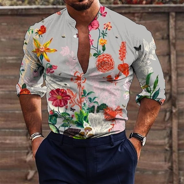 Nueva camisa de manga larga con botones y estampado 3D de rosas y cuello alto para hombre, moda de verano vaion, ropa de ocio para hombre de alta calidad