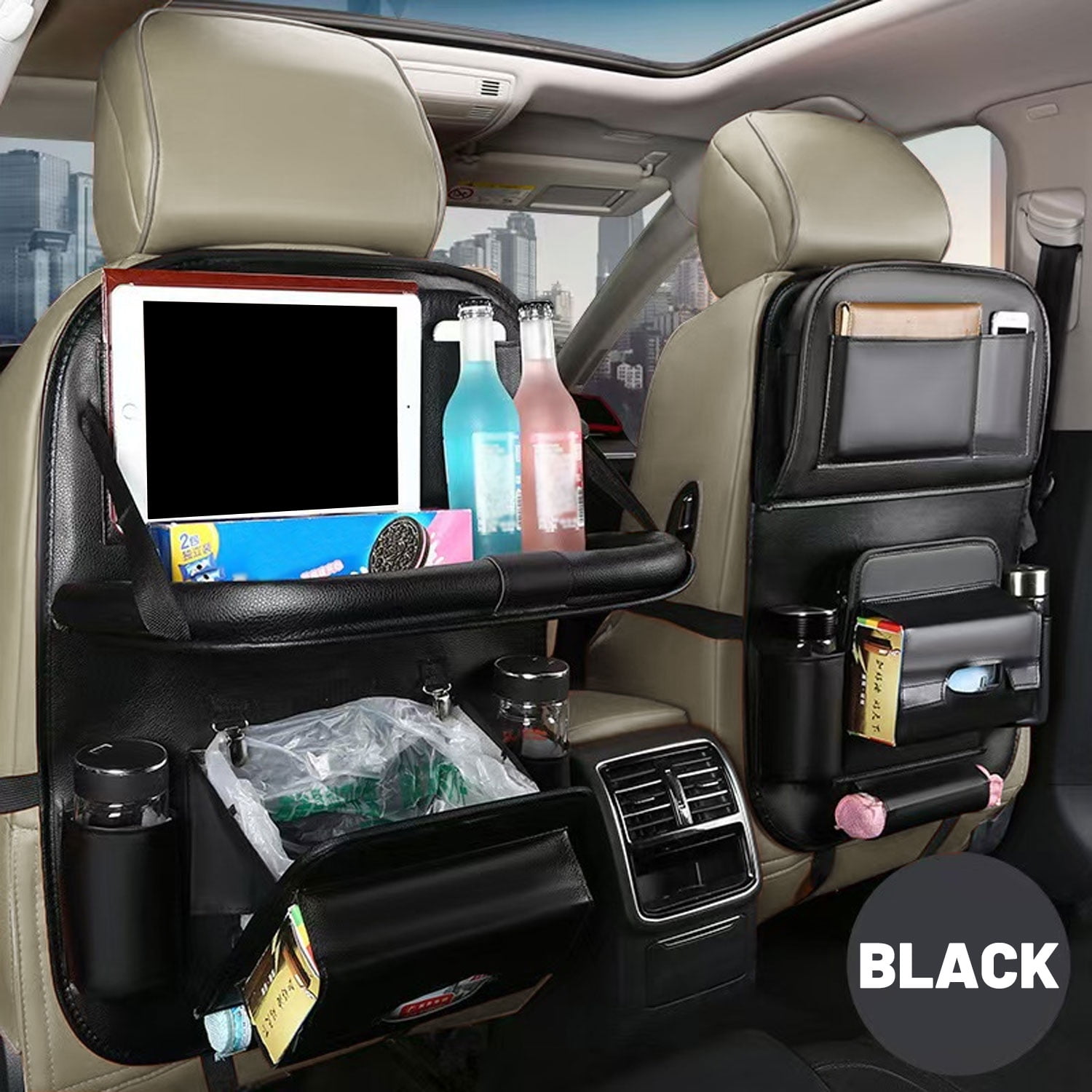 ASKITO 2PCS Car Backseat Organizer with Foldable Tray, PU Leather Universal Car Seat Protector for Kids, Pets & Travel Accessories, Black