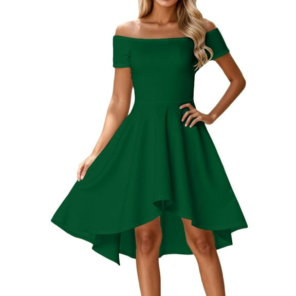Women's Off Shoulder Casual Summer Dress Elegant High Low Hem Flowy Party Gown with Shawl Comfortable Daily Wear Pure Color Womens Casual Trendy Midi Dresses