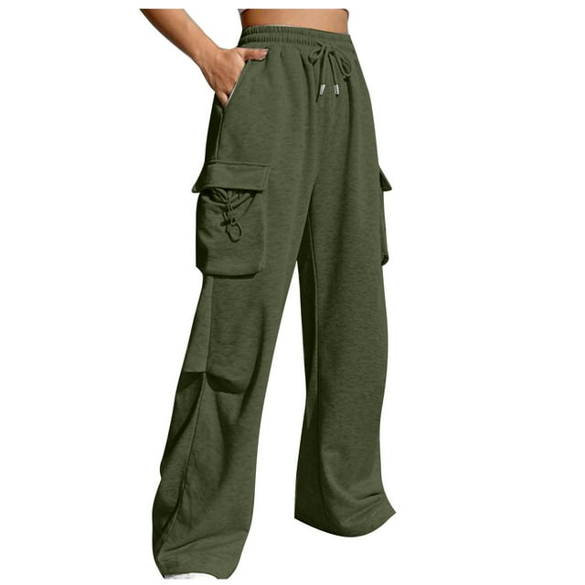 Timegard Cargo Sweatpants for Women Elastic Waisted Drawstring Wide Leg Athletic Workout Pants with Pockets