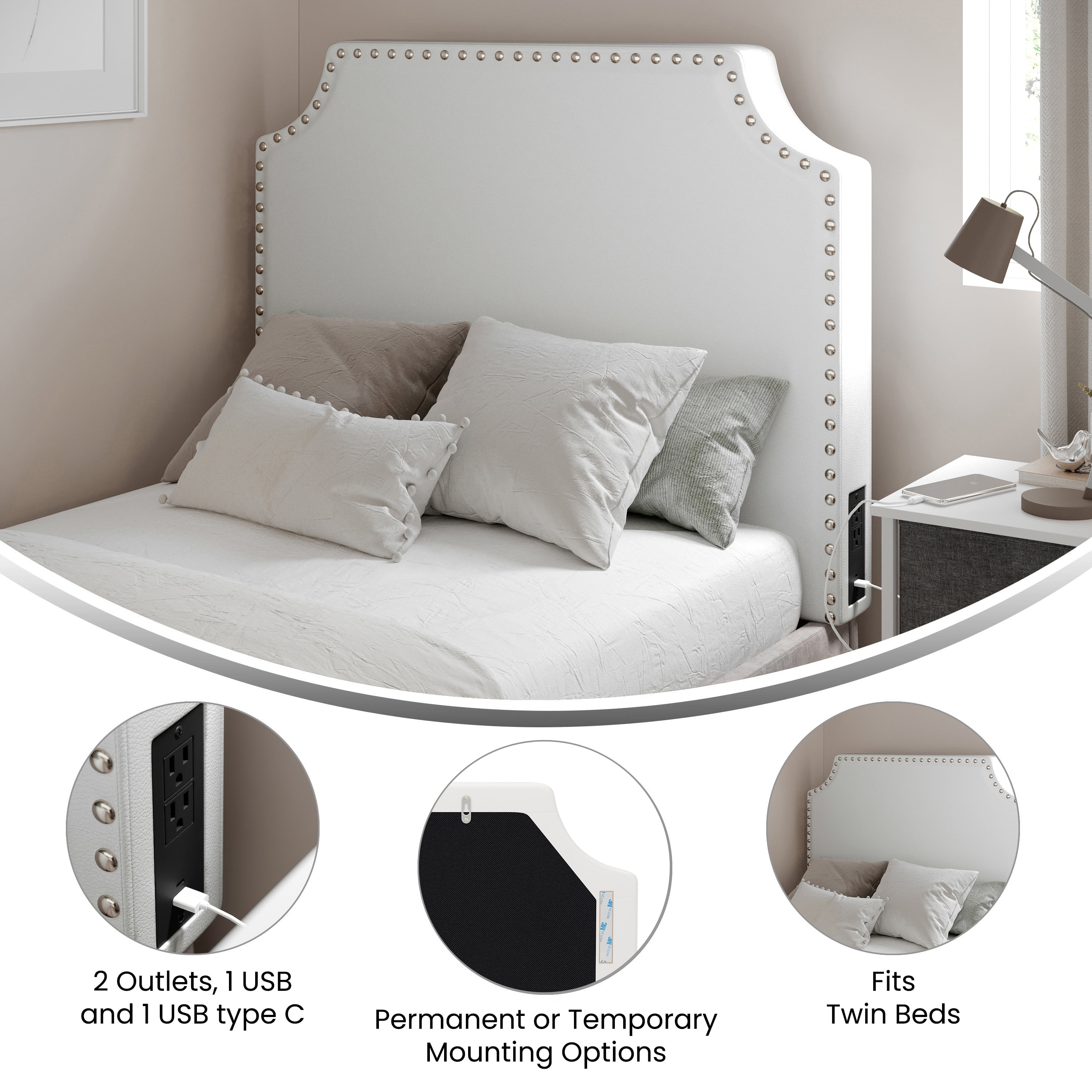 Flash Furniture Adeline Twin Faux Leather Contoured Headboard 39.5"W x 3.75"D x 30.25"H White