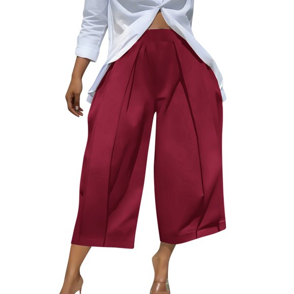 MVRLSH Women's Wide Leg Pants Lightweight Loose Pleated Cropped High Waist Culotte Trousers for Daily Relaxed Outfits Stretch Dress Casual Flowy Palazzo Pants Red - XXL