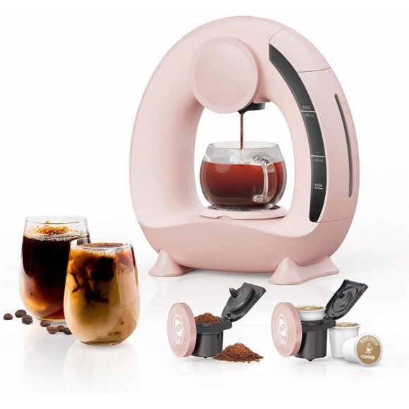 Pod and Grounds Single-Serve Coffee Maker, 2 in 1 One Cup Coffee Machine Compatible with K-Cup Pod & Coffee Grounds/Tea, Compact Design, 4-8oz, Pink
