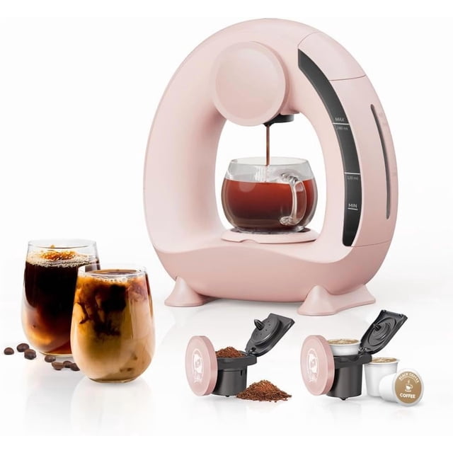 Pod and Grounds Single-Serve Coffee Maker, 2 in 1 One Cup Coffee Machine Compatible with K-Cup Pod & Coffee Grounds/Tea, Compact Design, 4-8oz, Pink