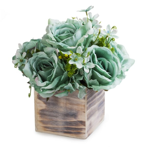 Enova Home Artificial Flowers Mixed Silk Roses Fake Flowers Arrangement in Natural Wood Planter for Home Office Wedding Decoration (Aqua)