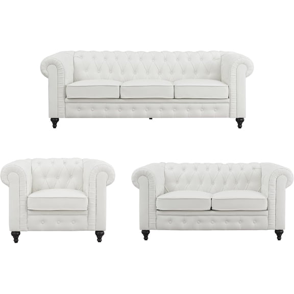 Chesterfield 3 Piece Living Room Sectional Sofa Set with Rolled Arms, Tufted Cushion Sofas for Living Room Set Includes Sofa, Loveseat Couch, Accent Arm Chair / Easy Tool-Free Assembly – White