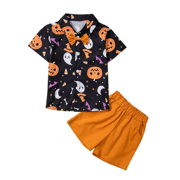 MHZLDYZ Kids Clothes Halloween Clothes Toddler Kids Baby Boy Pumpkin Print Short Sleeve Bowtie T Shirt Orange Shorts Gentleman Suit 2Pcs Outfits Set 3T Shorts Boys Toddler Boy Outfit(Black,110)