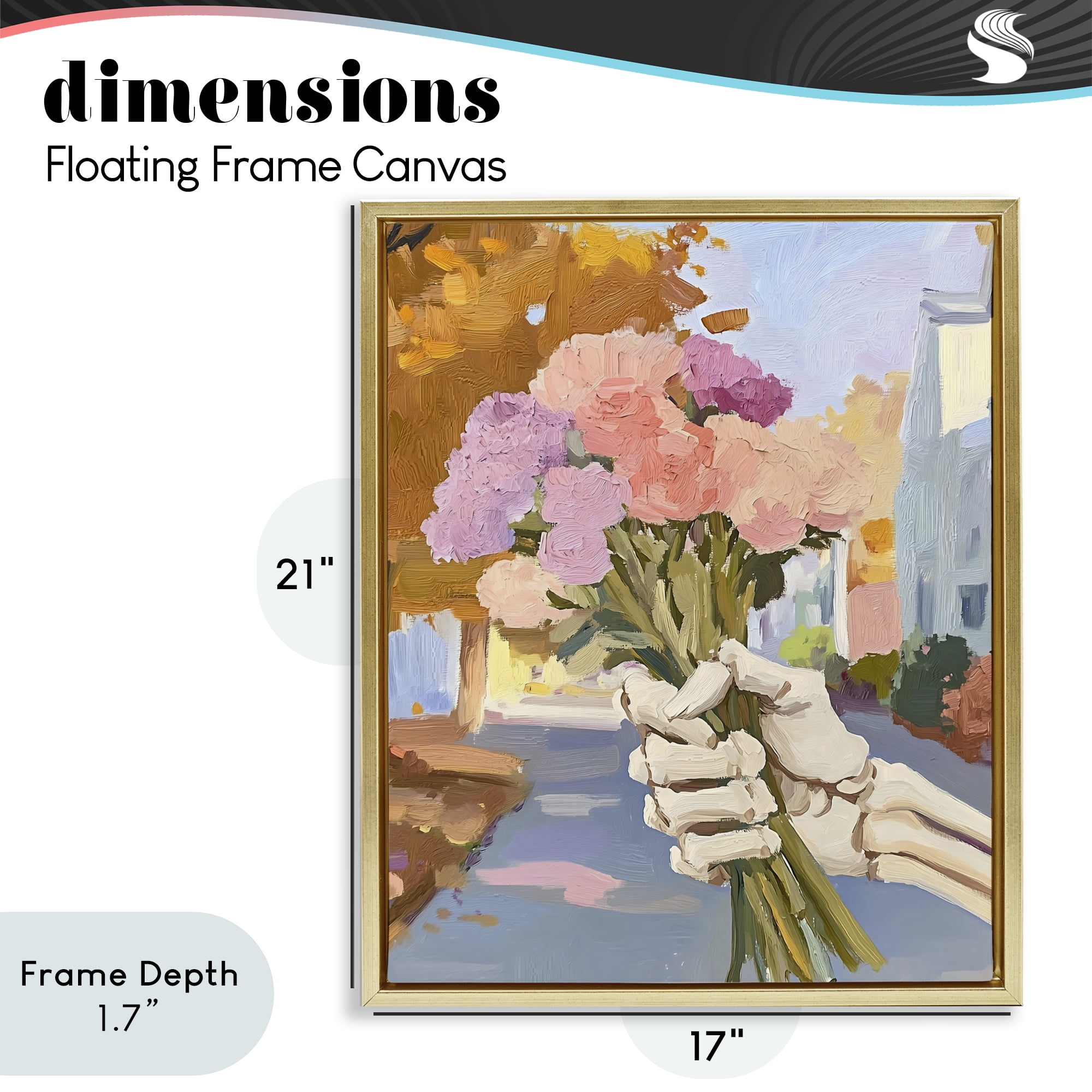 Stupell Industries Skeleton Hand Holding Flowers Gold Framed Floater Canvas Wall Art, design by The Prints Vibe