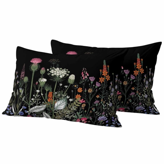 Spring Floral Outdoor Waterproof Pillow Covers, Black Farmhouse Botanical Watercolor Decorative Rectangle Throw Pillowcase Sofa Cushion Sham for Patio/Couch/Chair, 20"x12" 2 Pack