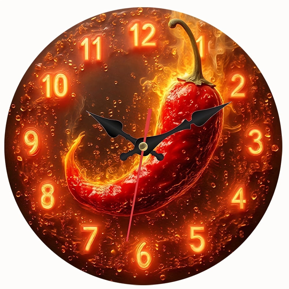 2D Flat Wooden Wall Clock,Burning Hot Chili Pepper Does not emit light Number Wall Clock, Restaurant Kitchen Spice Theme Hanging Clock - AA Battery Not Included