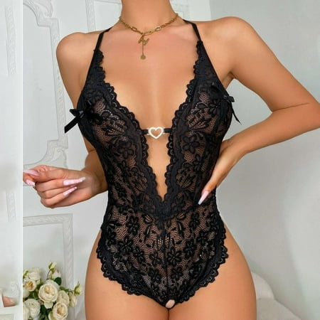 

RPVATI Women Sexy Open Crotch Teddy Deep V Neck Bodysuit Plus Size Eyelash Lace Lingerie