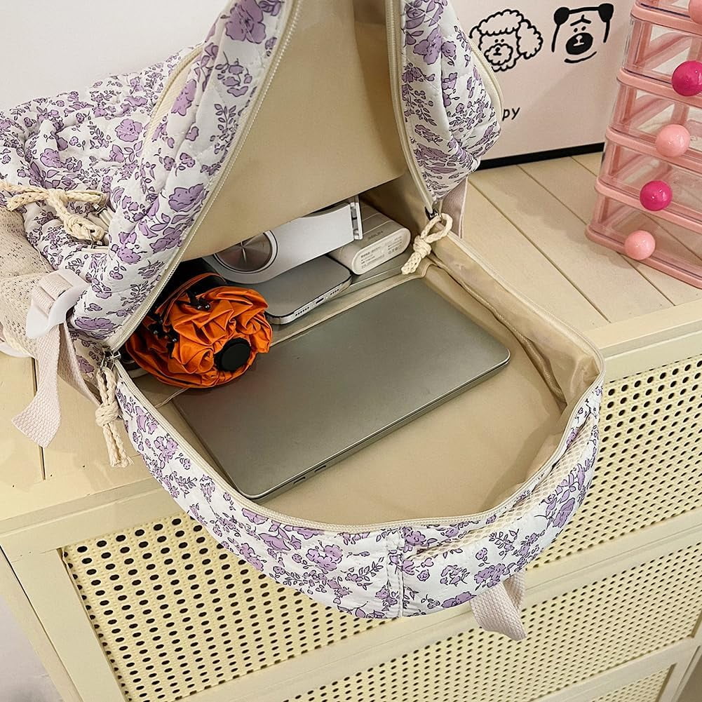 This 3-piece backpack set comes with a cute floral quilted backpack, a medium-sized messenger bag and a small travel storage bag for ladies, presenting a simple and comfortable look