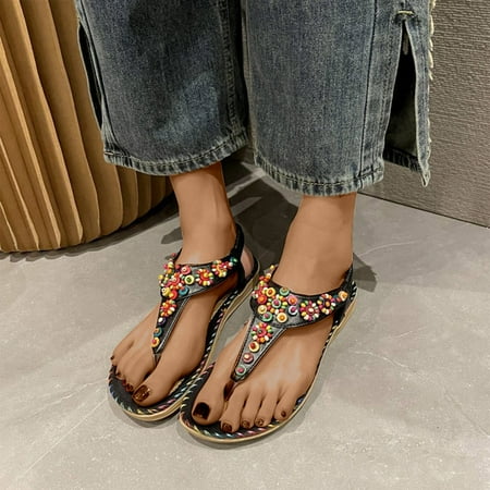 

DAETIROS Sandals for Women- Leisure Summer Flat Bottom Round Head Bohemian Home Holiday Womens Sandals Black Size 7