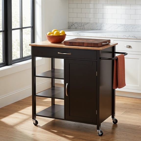 Resenkos Mobile Kitchen Island Cart with Rubber Wood Top-Brown, Kitchen Island, Island Table for Kitchen,Dinning Room