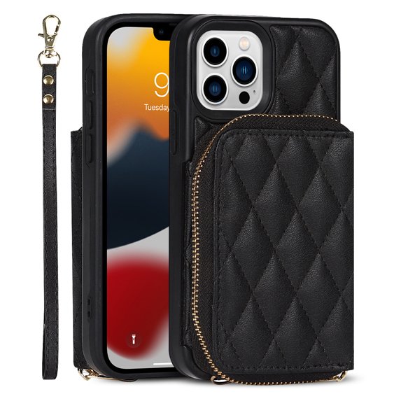 TECH CIRCLE Case for iPhone 13 Pro Max 6.7 Inch,Hybrid Leather Shoulder Strap Zipper Purse Card Holder Kickstand Detachable Wrist Strap,Black