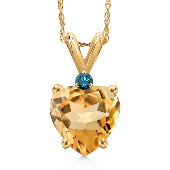 Gem Stone King 14K Yellow Gold Yellow Citrine and Blue Diamond Pendant Necklace for Women | 1.43 Cttw | Gemstone November Birthstone | Heart Shape 8MM | With 18 inch Chain