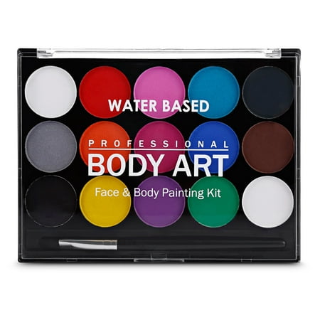Face Paint Kit Professional Water Based Body Paint 15 Colors Washable Non-Toxic Paints 1 Paintbrush for Kid Sensitive Skin Halloween Costume Makeup Party Supplies