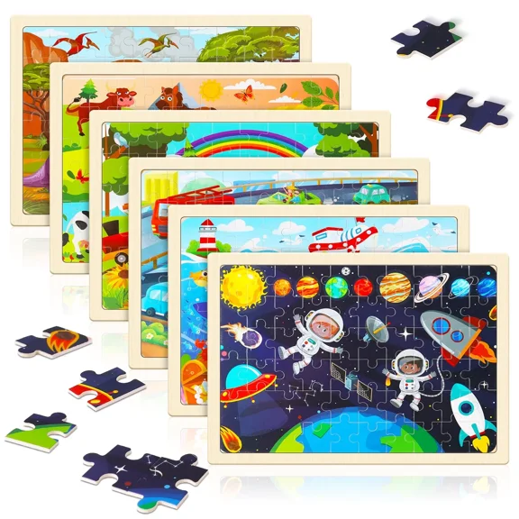 sixwipe 6 Packs Wooden Puzzles for Kids, 60 Pieces Jigsaw Puzzles Educational Toys Gifts for Boys Girls Aged 3  (Space, Dinosaur, Animal Train, Underwater World, Farm, and City Transportation)