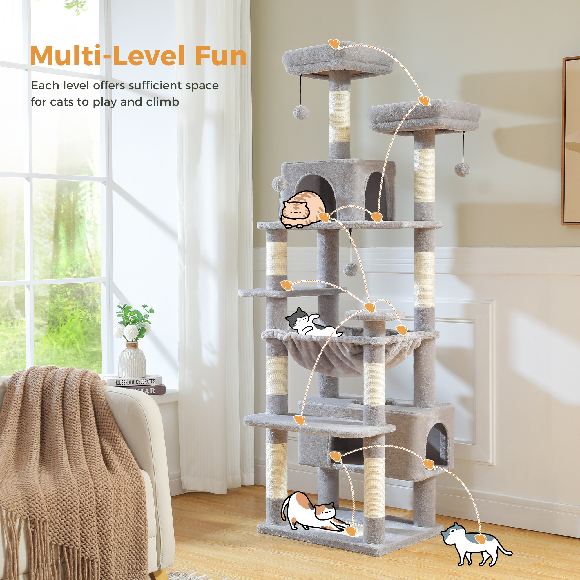 Pawz Road 73" Multi-Level Cat Tree with Sisal Posts, Gray photo 5