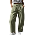 thumbnail image 3 of Tqcoqu Women's Wide Leg Casual Pants with Pockets,Linen Blend Elastic Drawstring Waist Cropped Loose Pants,Army Green Women's S-XXL, 3 of 10