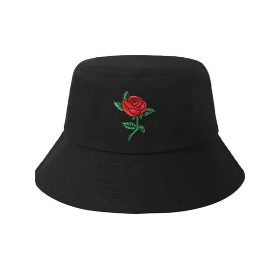 DLAPL Embroidered Bucket Hat for Women Men Fashion Summer Beach Fisherman Cap, Rose Black
