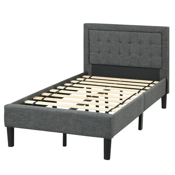 Kepooman Twin Size Bed Frames with Upholstered Headboard, Slats Support Mattress Foundation, No Box Spring Needed, Easy Assembly