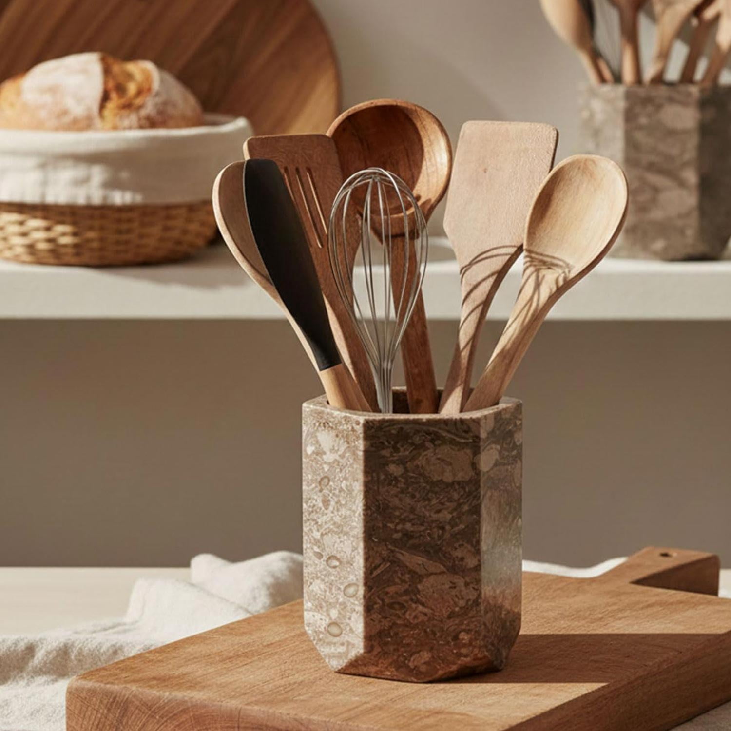 Elborse Marble Utensil Holder 6.5 inches Oceanic Handmade Spatula Set for Kitchen Counter, Ideal Cooking Utensils Jar & Kitchens Essentials Organizer, Utensil Caddy & Spoon Holder