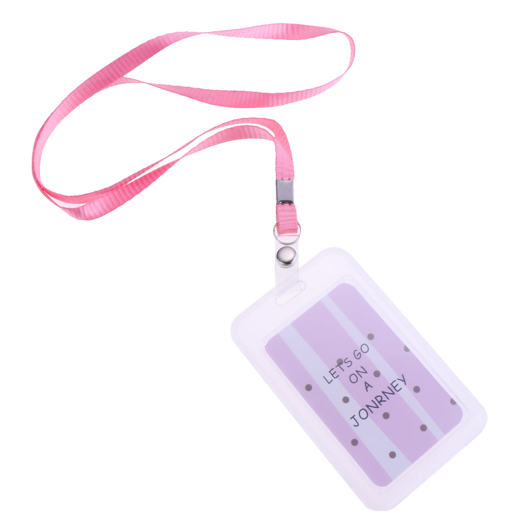 Vertical Credit Card Bus Pass ID Badge Holder Case Lanyard Pink and White 
