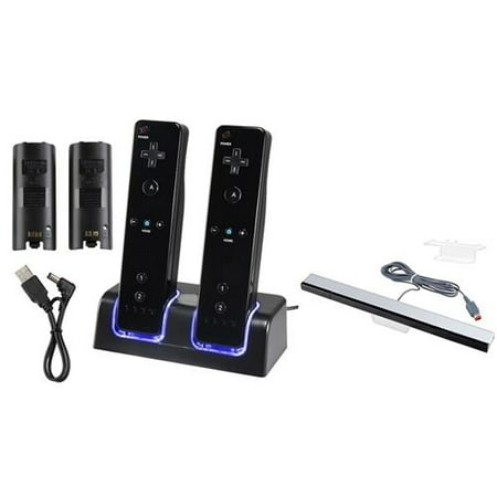 Insten Nintendo Wii / Wii U Black Remote Control Dual Charging Station + Wired Sensor