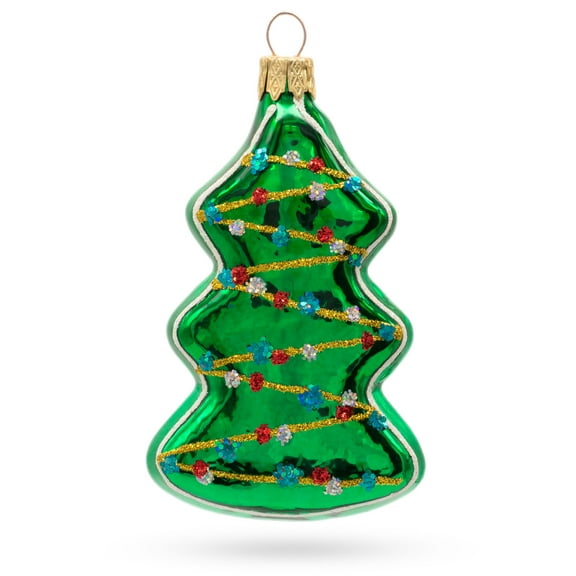 Green Tree with Gold Garland Glass Christmas Ornament