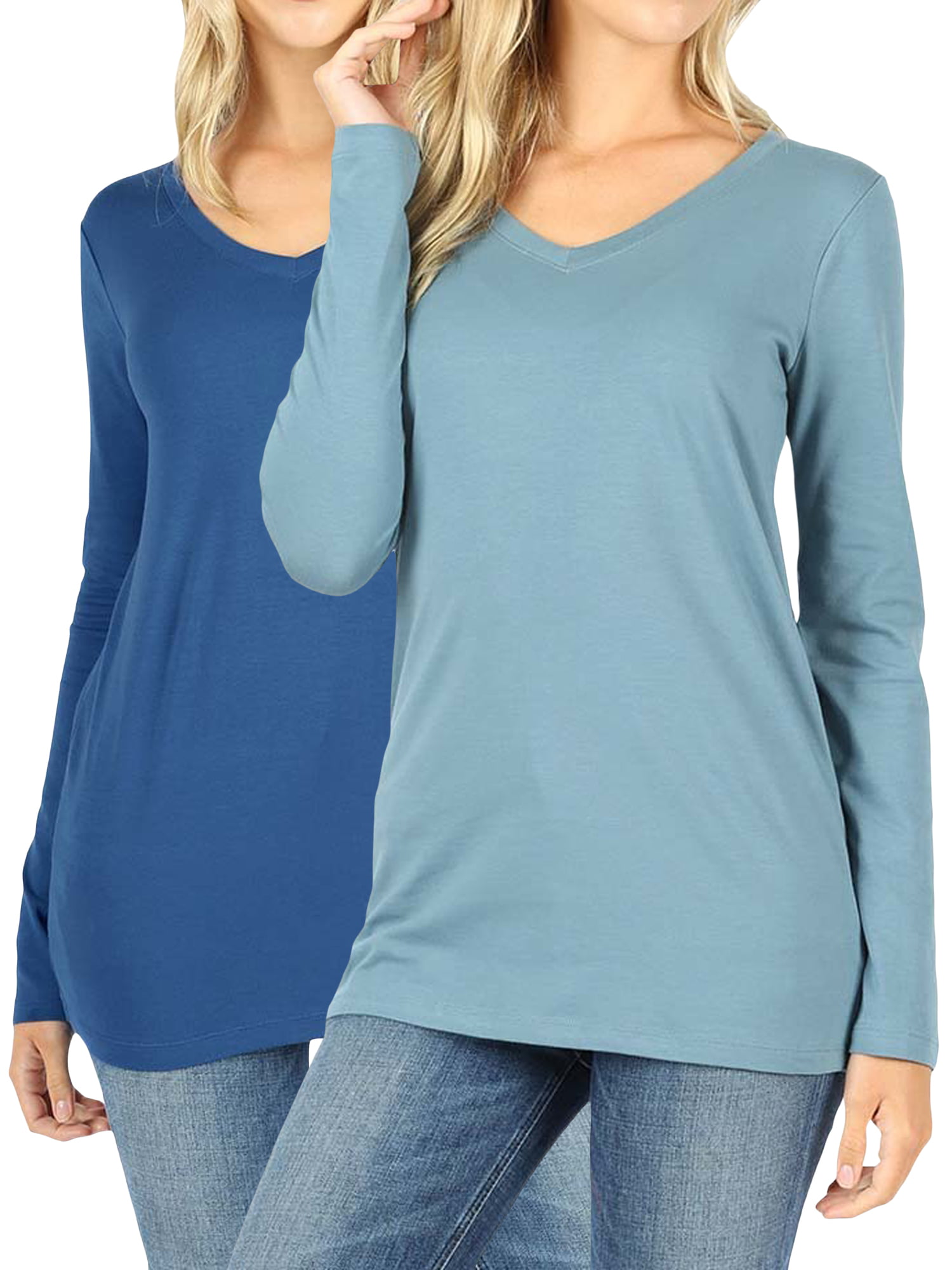 Women Basic Cotton Relaxed Fit V-Neck(S-3X) Long Sleeve T-Shirt Top ...
