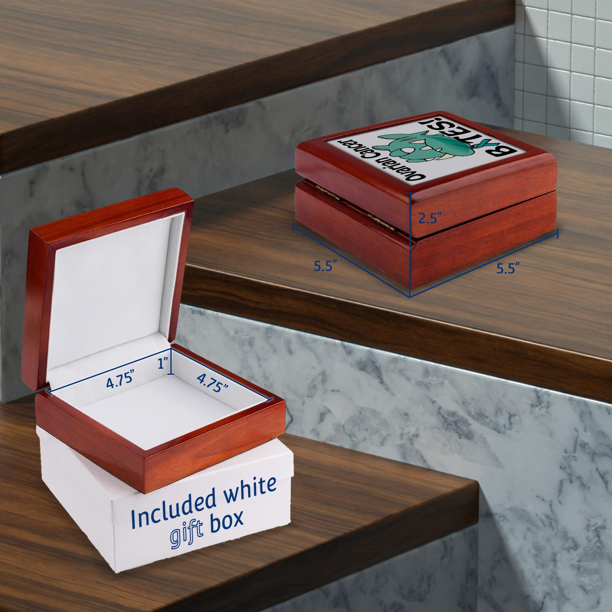 3dRose, Ovarian Cancer Bites Awareness Ribbon Cause Design, Jewelry Box 5.5x5.5 inch with 4 inch tile