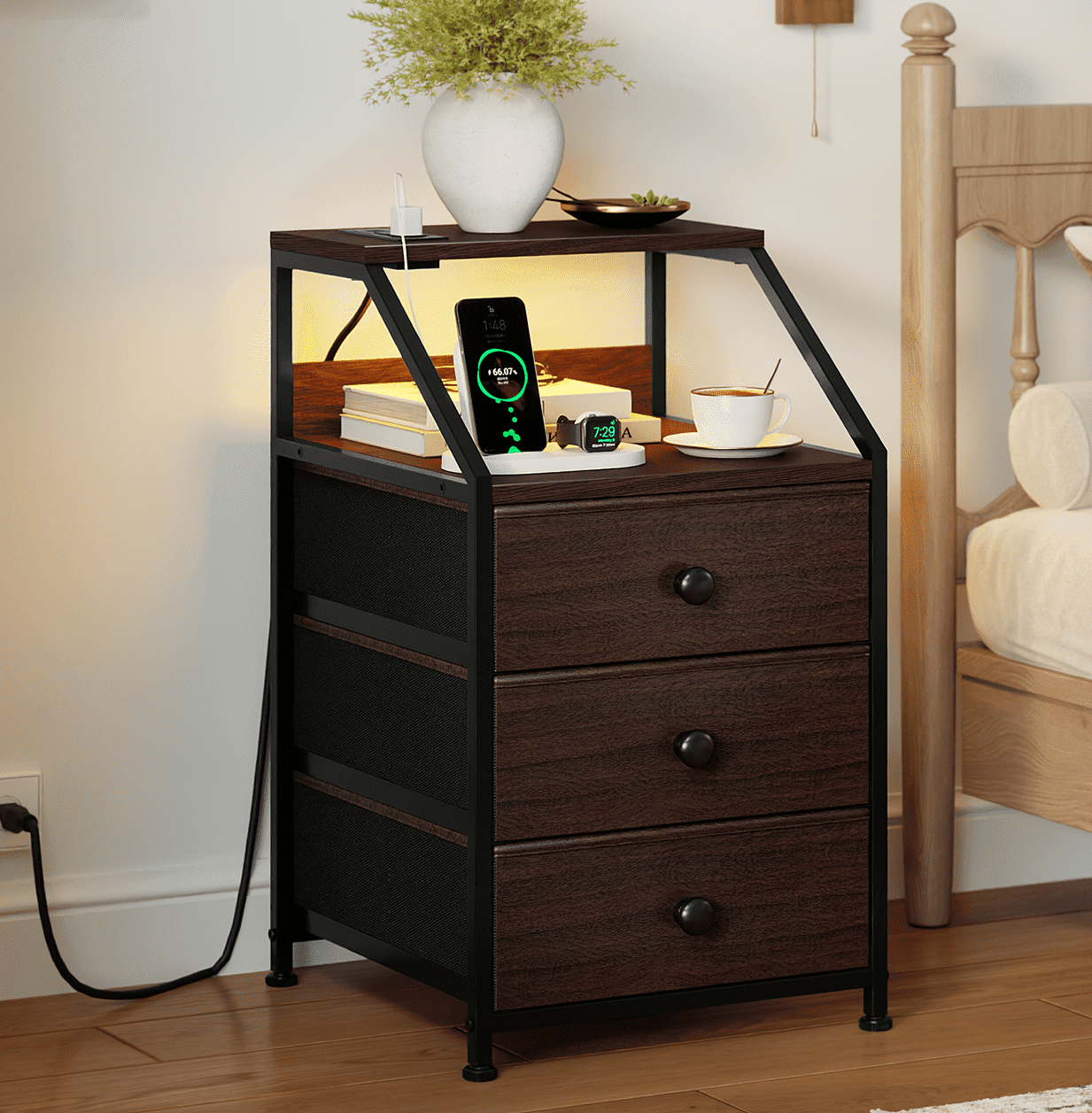 GUNAITO LED Nightstand with Charging Station, Brown photo 1