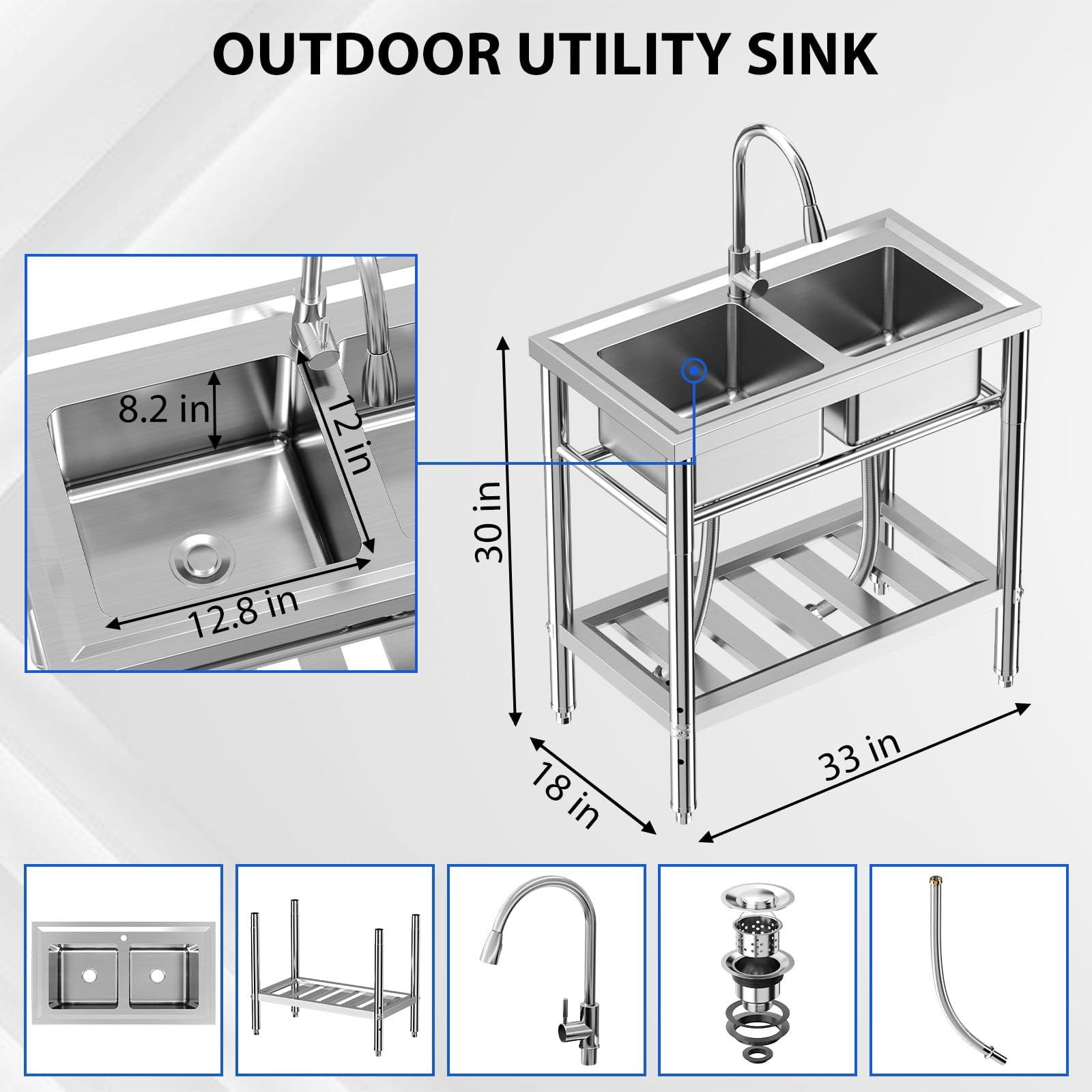 Huisuilinss Stainless Steel Utility Sink Free Standing Double Bowl Kitchen Sink Outdoor Camping Utility Sink Includes Faucet For Garage Restaurant Backyard Laundry Bathroom