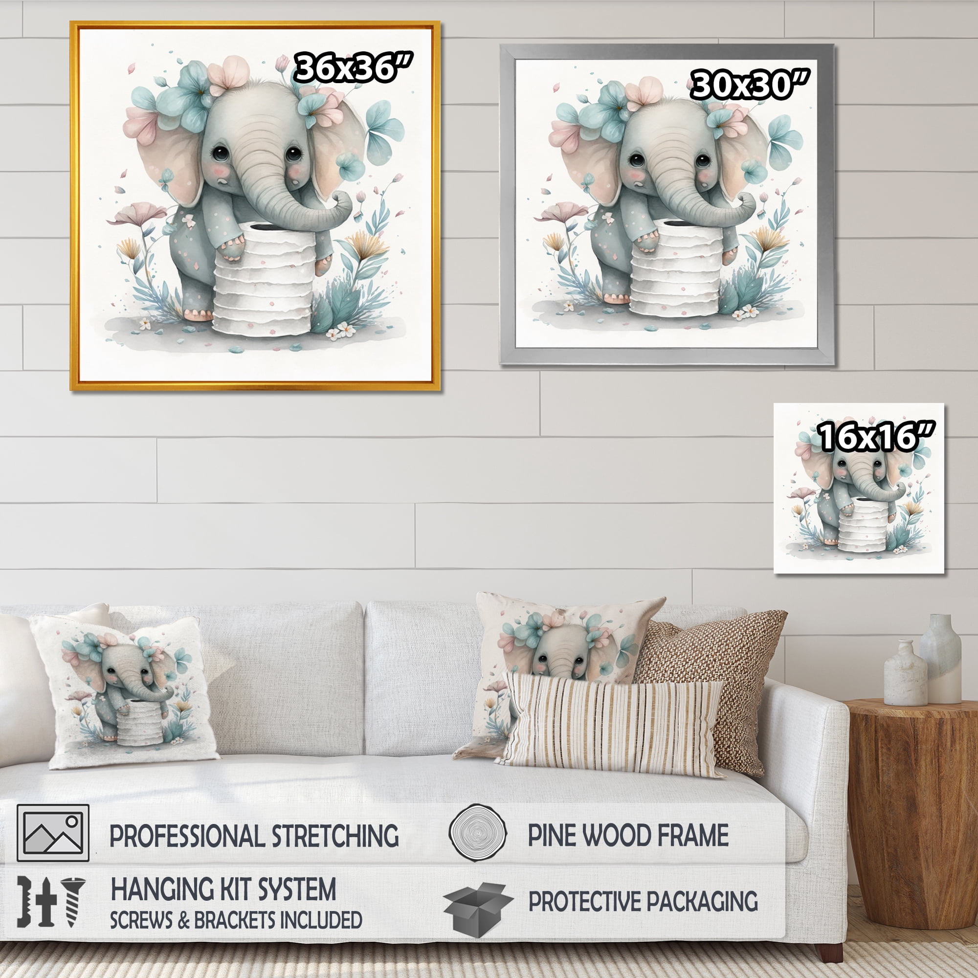 Designart Elephant Building A Tower Of Toilet Paper With Flowers I Canvas Wall Art