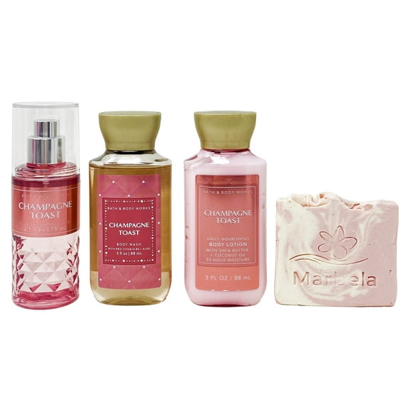Bath & Body Works Champagne Toast - Trio Gift Set Travel Size - Fine Fragrance Mist, Body Lotion and Body Wash With a Himalayan Salts Springs Sample Soap.