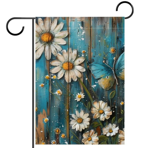 Teal Daisy Floral Flowers and Butterfly on Country Wooden Texture Double Sided Garden Flag Decorative Weather Resistant Yard Flag, Large DIY Vertical Flag for Farmhouse Patio Lawn, 28x40 Inch