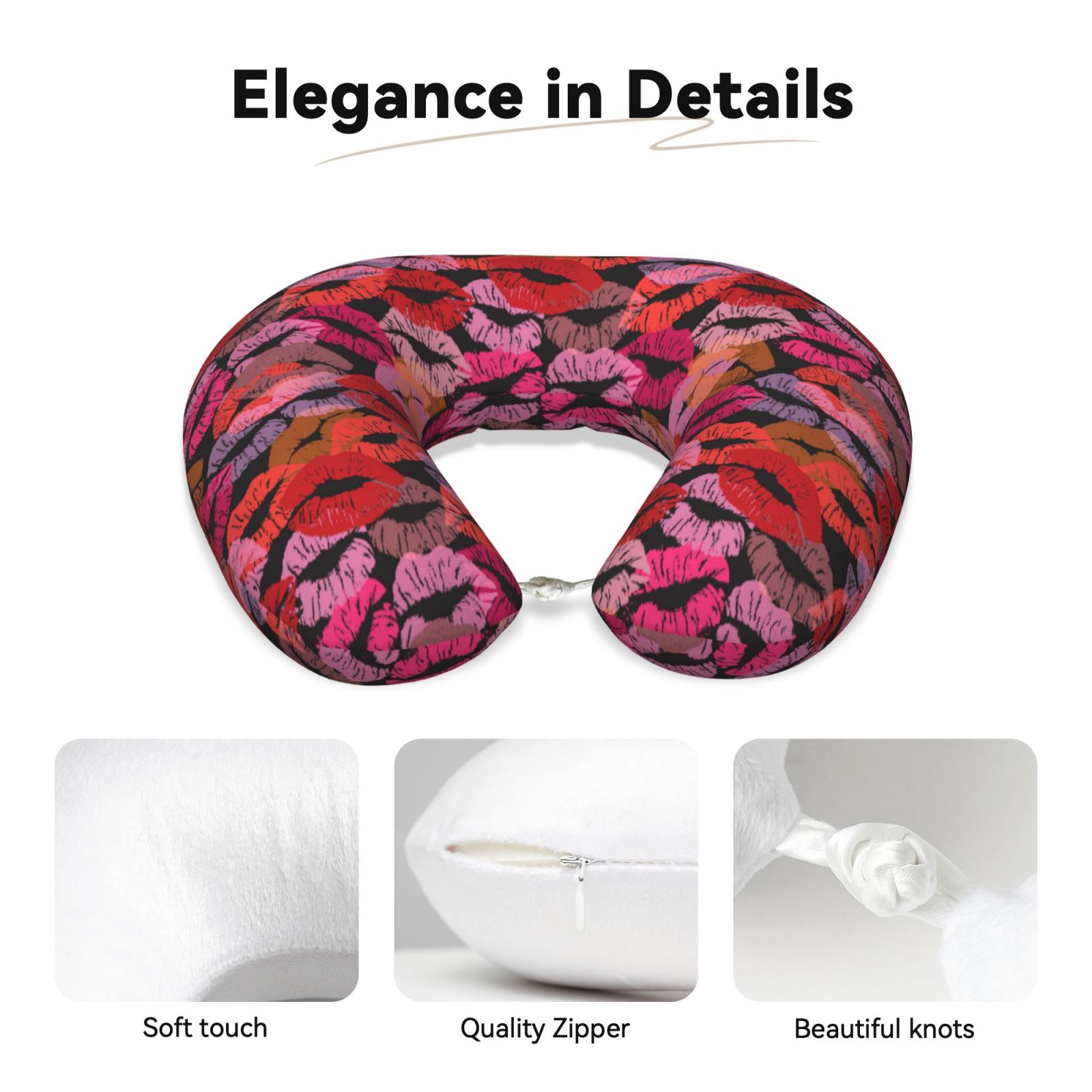 Xecao Red Lips Kissing Print Memory Foam Cervical Neck Pillow Versatile U-Shaped Pillows for Home,Office,Camping,Travelling,Soft Washable Cover