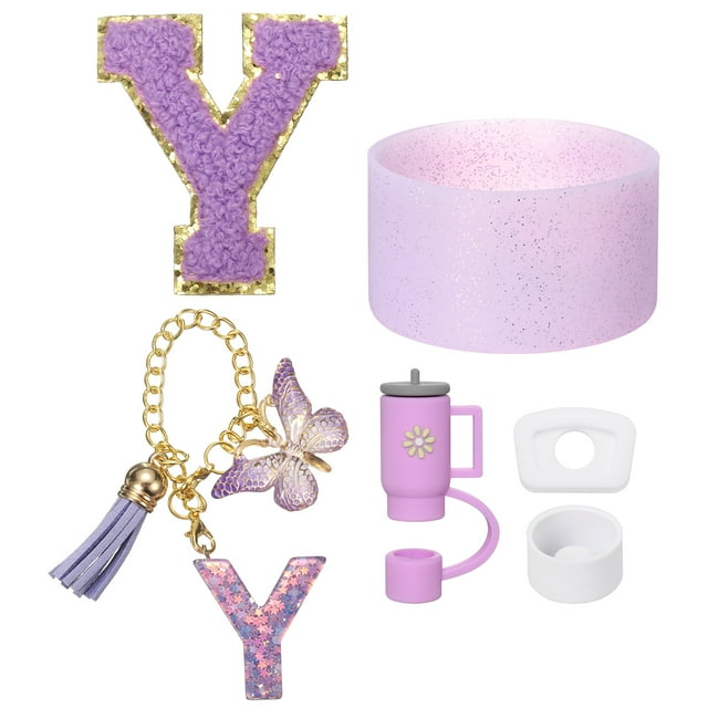 Juego de accesorios Uxcell para taza con asa, que incluye cubierta de silicona para popote, bota, tapón a prueba de derrames, encanto de asa, etiqueta de iniciales letra Y