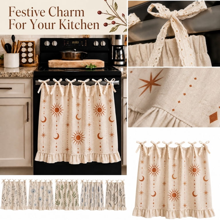 Farmhouse Oven Curtain with Ties & Ruffle Trim Black Botanical Pattern ...