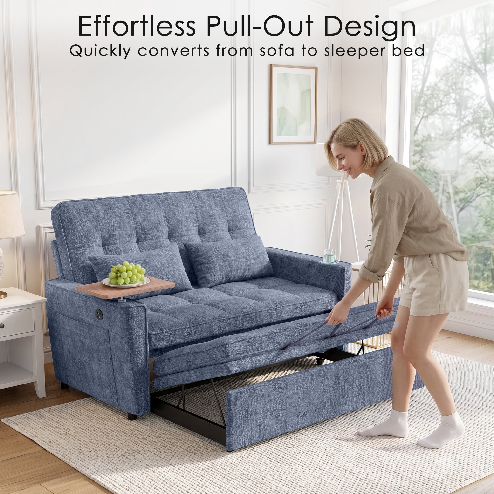 AISWORD 54" Convertible Pull Out Sleeper Sofa Bed, Chenille Loveseat Couch with USB Port, Side Tray Table, Cup Holder, Storage Pockets & Adjustable Backrest for Small Spaces, Blue