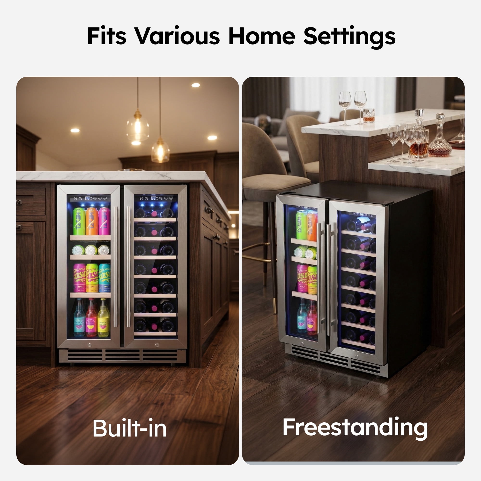 Simzlife 24" Dual Zone Beverage Refrigerator  up to 21 Bottles & 88 Cans,Built-in Wine Fridge for Home/Bar/Office