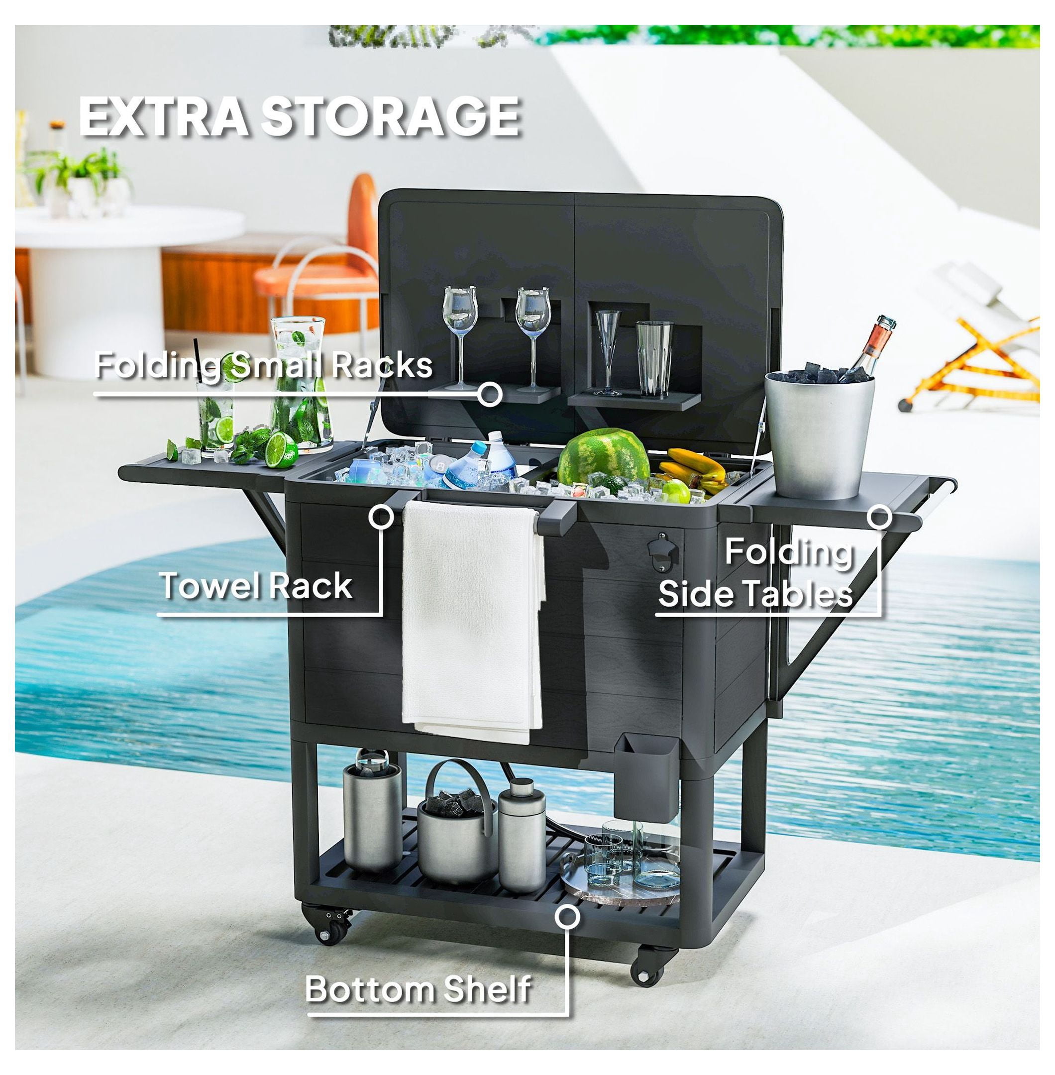 104 Quart Cooler Cart, Outdoor Rolling Ice Chest with Wheels