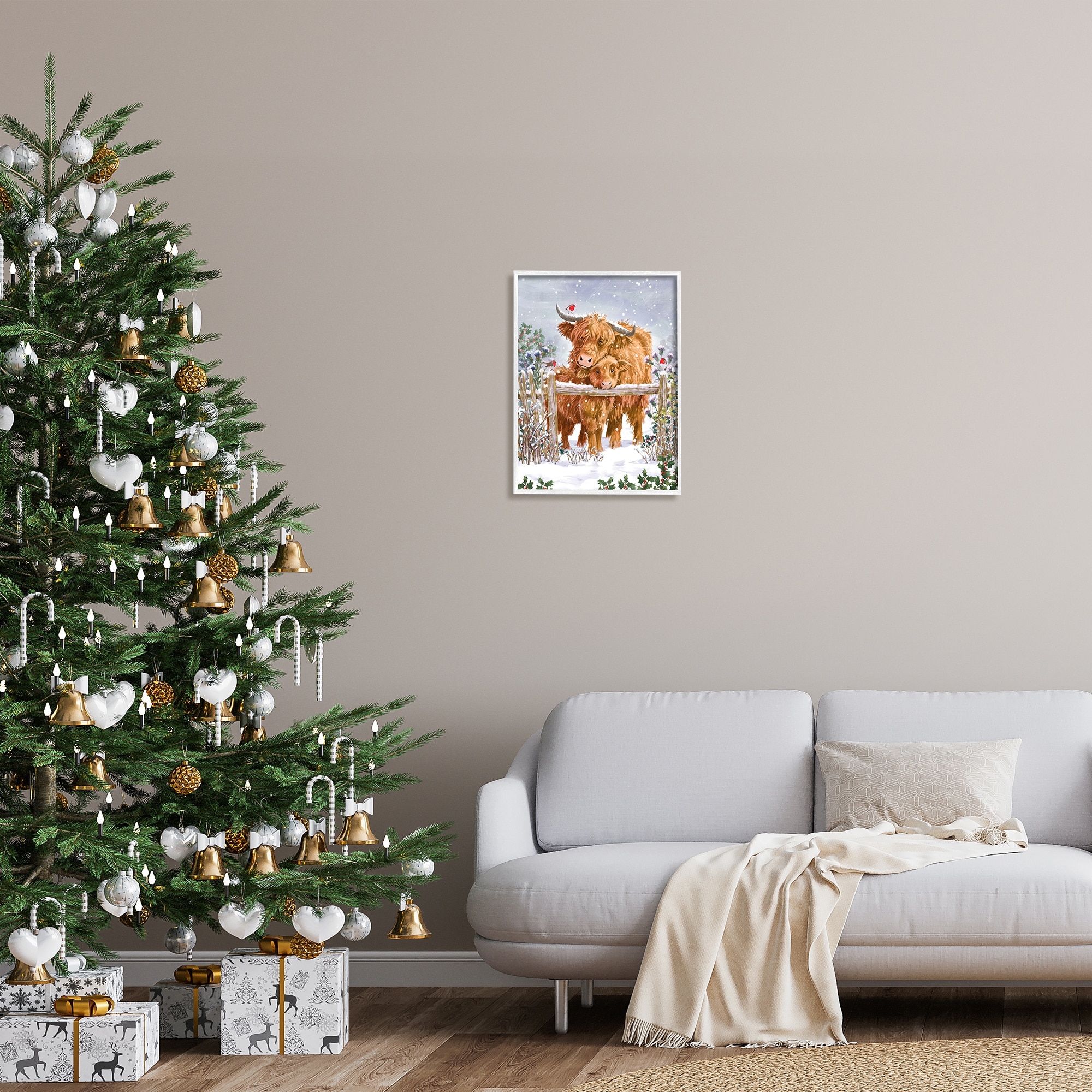Stupell Industries Winter Cattle Cuddling Snow Scene Holiday Painting White Framed Art Print Wall Art