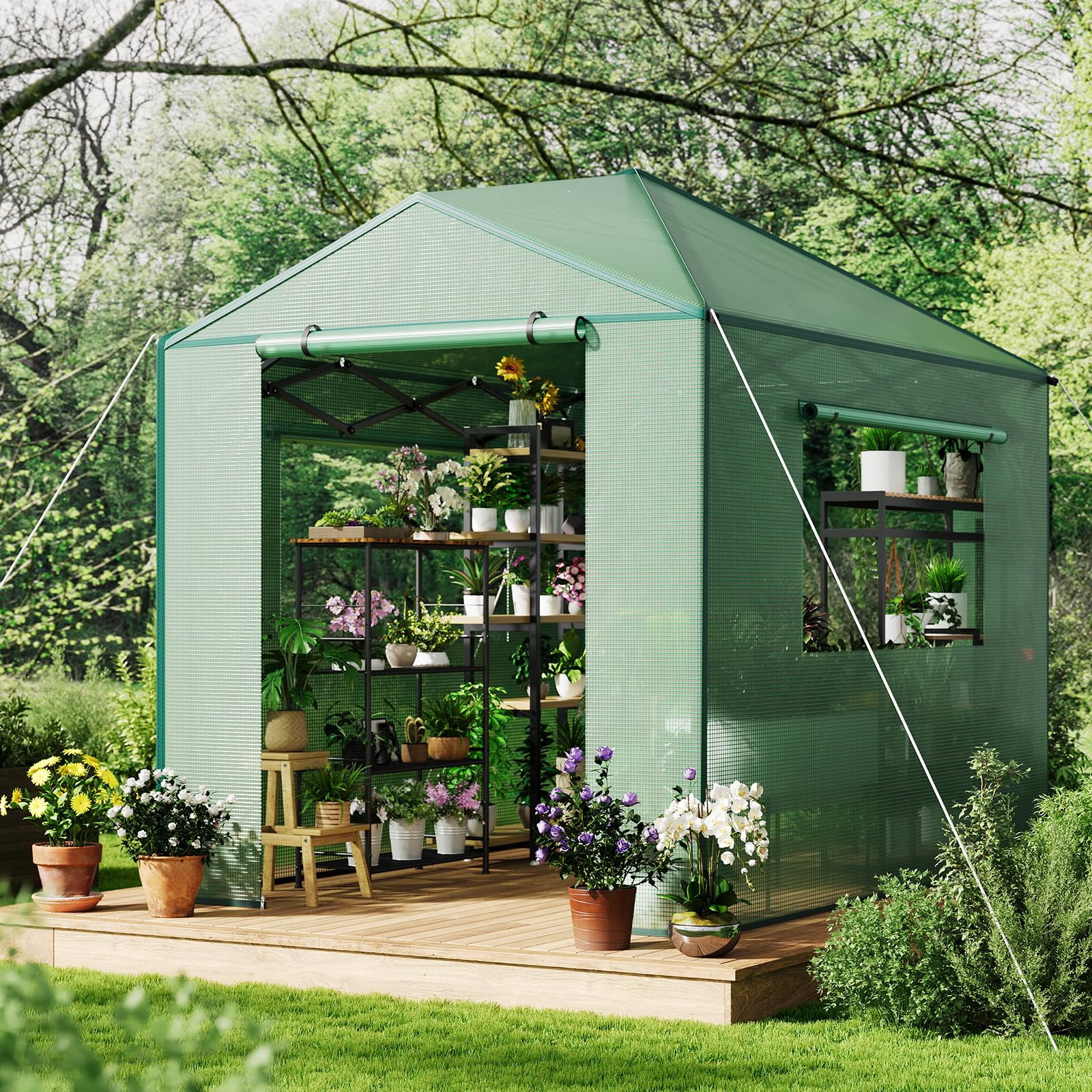 Instant Pop-up Greenhouse, Portable Indoor Outdoor Plant Gardening Green House, Roll-Up Zipper Doors and Side Windows, Walk in 8x12 ft, PE Cover, Green/Clear