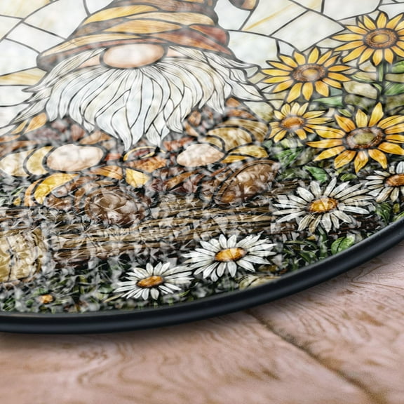 Gnome Stained Glass Suncatcher, Sunflower Garden Window Art, Rustic Cottage Decor