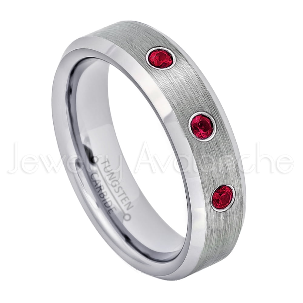 0.21ctw Ruby & Diamond 3-Stone Titanium Ring 5 6MM Brushed Finish Comfort Fit Classic Dome White Wedding Band 0.21ctw Ruby & Diamond 3-Stone Titanium Ring 5 6MM Brushed Finish Comfort Fit Classic Dome White Wedding Band