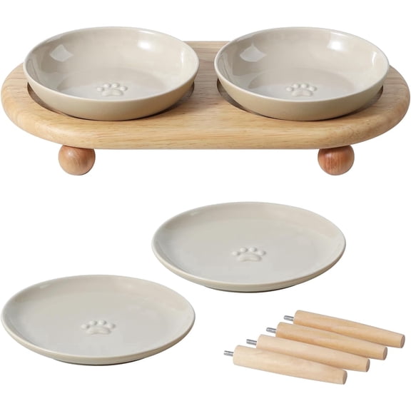 Elevated Cat Bowls, Ceramic Cat Dishes, Cat Dishes for Food and Water with Two Heights Stand, Anti-Slip