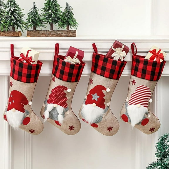 Christmas Stockings 4 Pack, 18 Inches Burlap Buffalo Plaid Stockings with Sweden Gnomes Family Christmas Stocking for Xmas Home Decor, Christmas Decorations