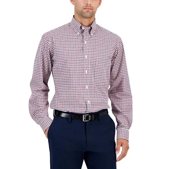 Club Room Mens Regular fit Dress Shirt 2XL 18.5 in 36-37 Red Plaid